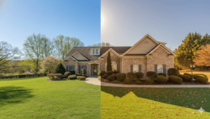Comparison of a Monroe GA home for sale in spring with green landscaping versus fall with autumn leaves to illustrate the best time to list for move-up buyers.